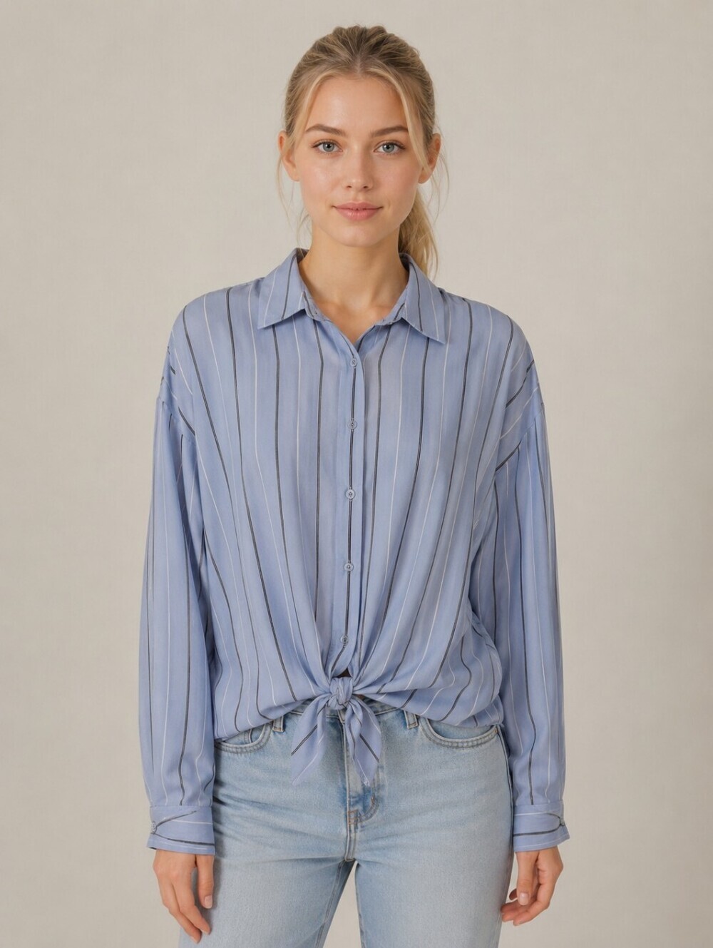 HEYTON Blue Stripe Tie-Front Blouse Size Large Office Chic Button-Up Top